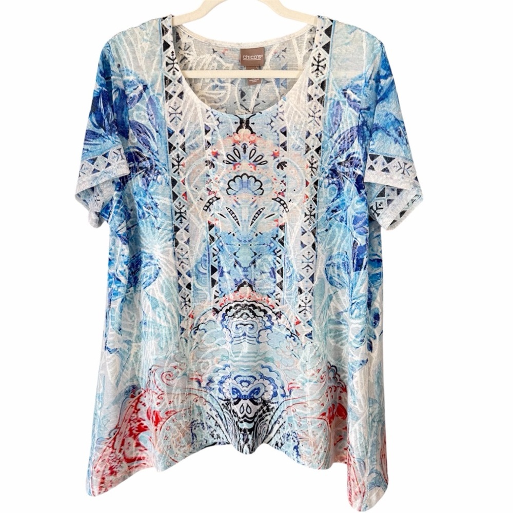 NWT Chicos Short Sleeve Top Sz 3 White Blue Floral Velvet Burn Out Boho Coastal